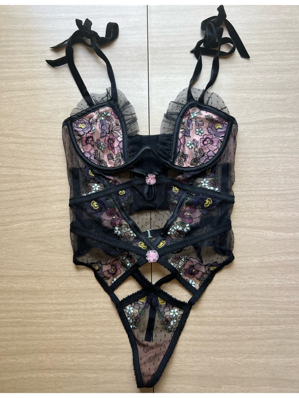 For Love & Lemons Black Sheer Embroidered Floral Bodysuit Size XS